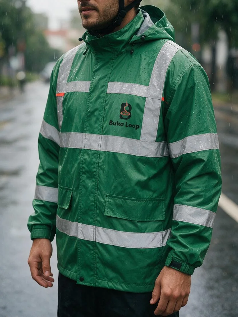 Rider wearing a leaf-green reflective Buka Loop rain jacket
