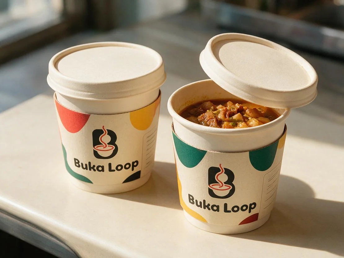 Buka Loop soup and stew cups with branded paper sleeves